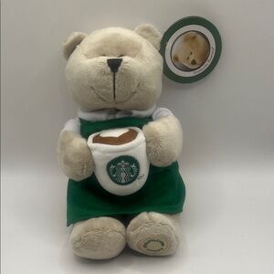 NWT Starbucks Bearista Plush Bear with Green Apron and Coffee Cup